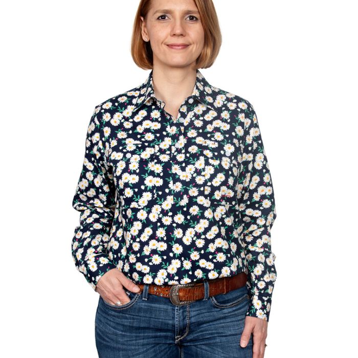 Just Country Georgie Print Shirt - 1/2 Button - Navy Gerbras