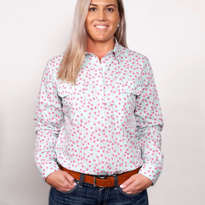 Just Country Georgie Print Shirt - 1/2 Button - Mint/Cherry